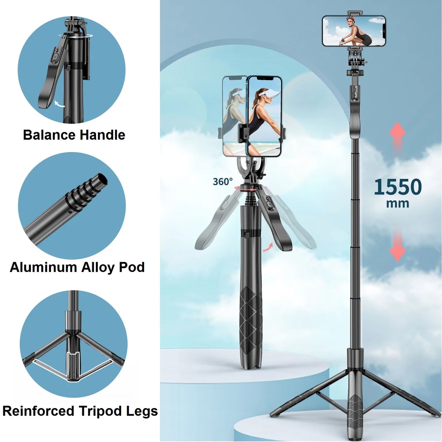Selfie Stick Tripod with Remote – 60” Extendable Phone Stand, 360° Rotation, Overhead Tripod for iPhone & Android