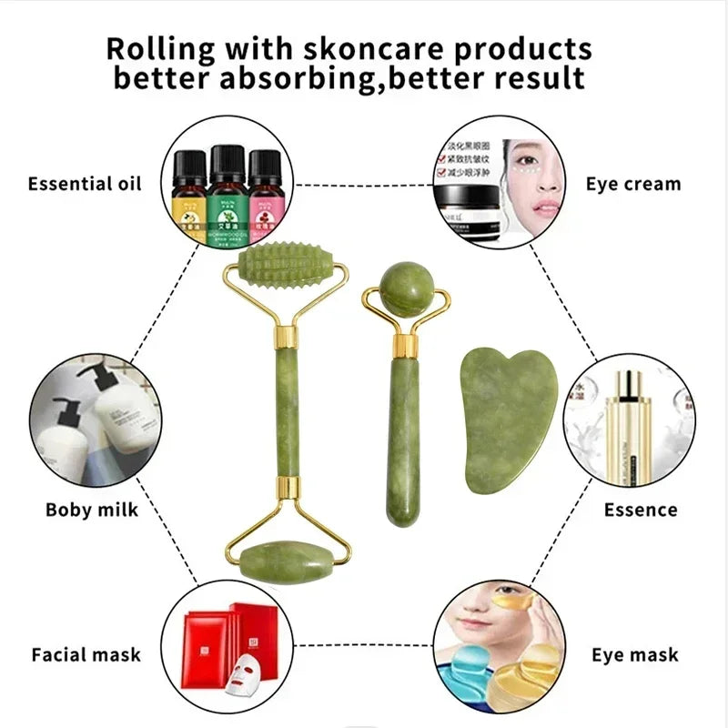 Natural Jade Roller & Gua Sha Set – Stone Facial, Neck & Body Massager, Acupoint & Eye Care, Spa Lifting Massage Tool