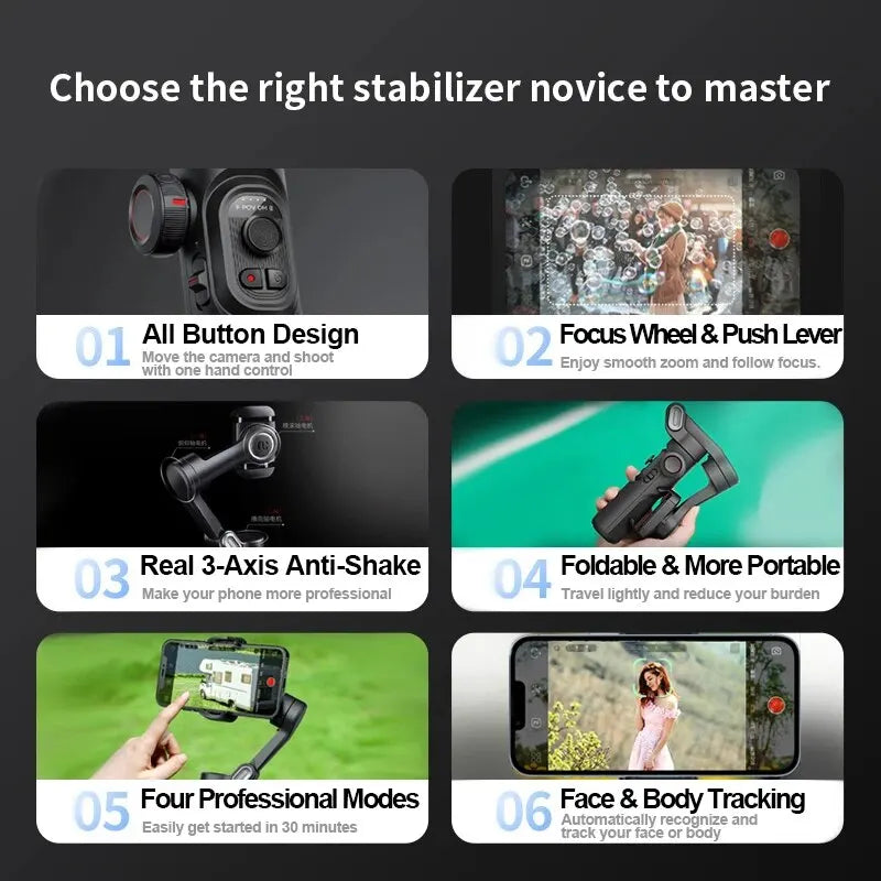 Smooth 3-Axis Gimbal Stabilizer for Smartphones – Foldable, Handheld, Anti-Shake Video & Vlog Support for iPhone & Android