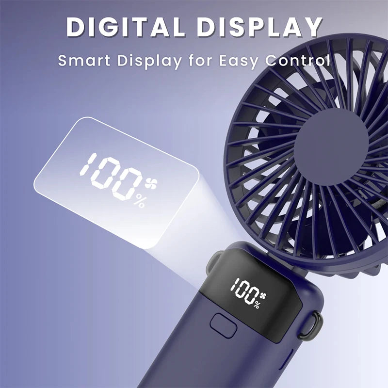Handheld Mini Fan – Foldable 1500mAh USB Rechargeable Neck & Table Fan with 5 Speeds, Phone Stand & Display Screen