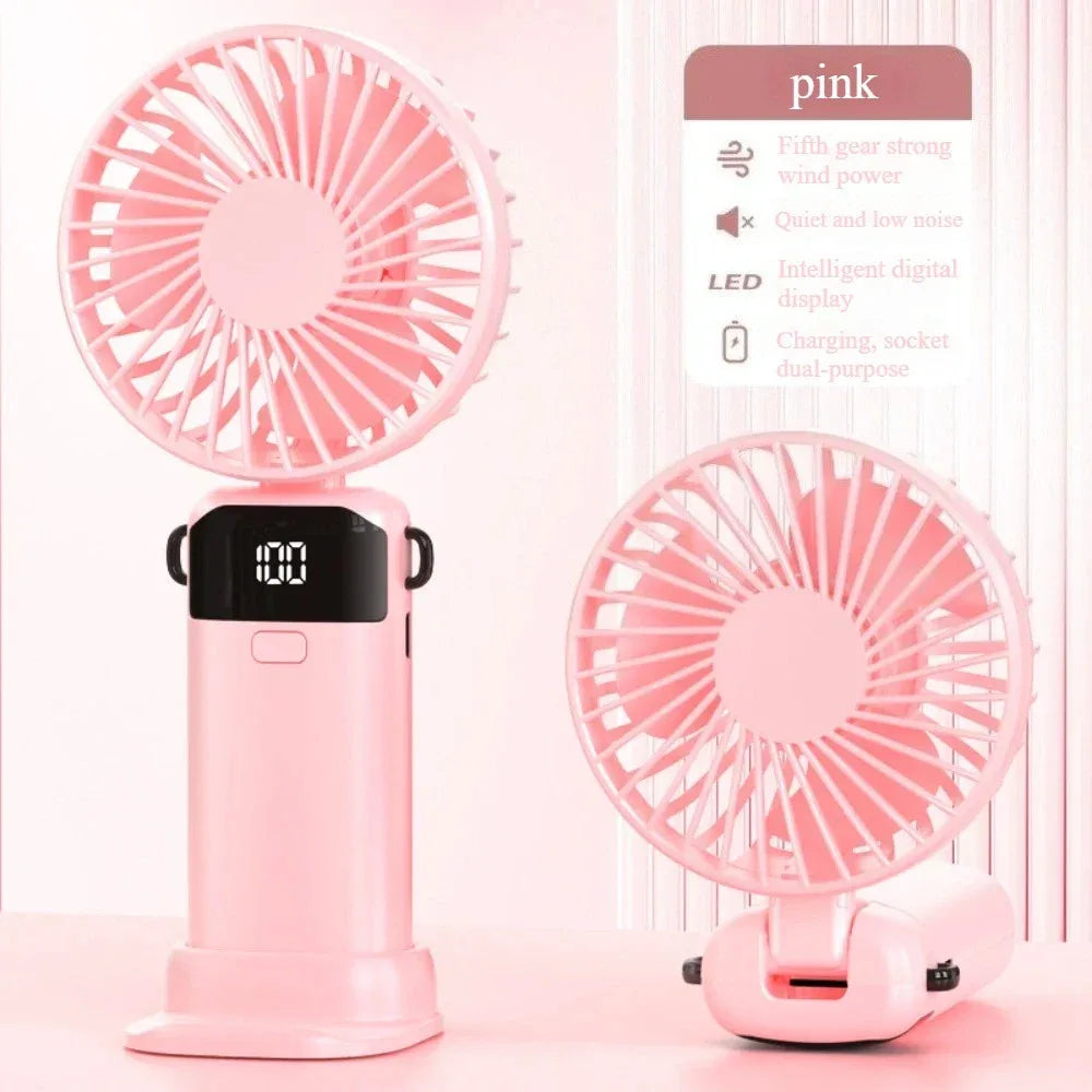 Handheld Mini Fan – Foldable 1500mAh USB Rechargeable Neck & Table Fan with 5 Speeds, Phone Stand & Display Screen