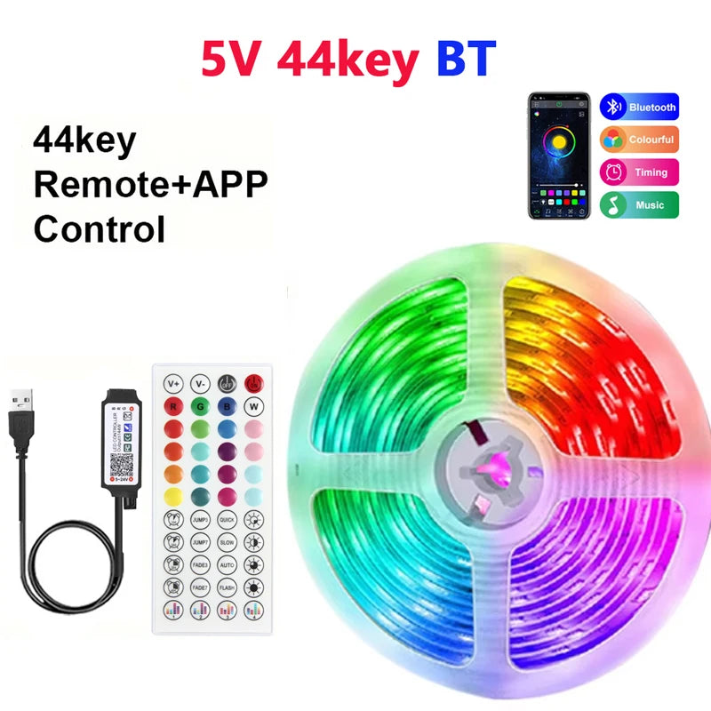 LED RGB Strip Light 5V USB – 24-Key Remote, Color & Brightness Control, Holiday Decoration