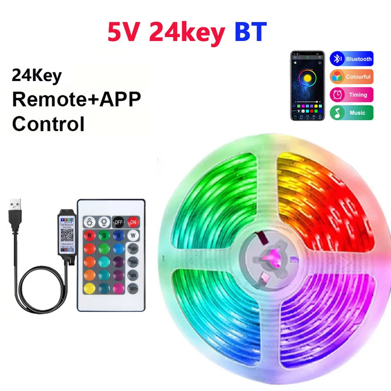 LED RGB Strip Light 5V USB – 24-Key Remote, Color & Brightness Control, Holiday Decoration