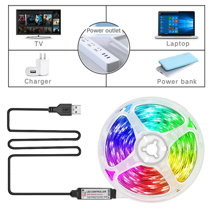 LED RGB Strip Light 5V USB – 24-Key Remote, Color & Brightness Control, Holiday Decoration