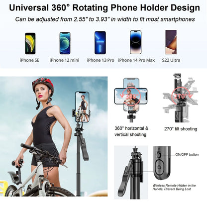 Selfie Stick Tripod with Remote – 60” Extendable Phone Stand, 360° Rotation, Overhead Tripod for iPhone &amp; Android