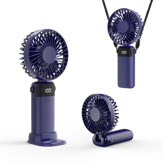 Handheld Mini Fan – Foldable 1500mAh USB Rechargeable Neck & Table Fan with 5 Speeds, Phone Stand & Display Screen