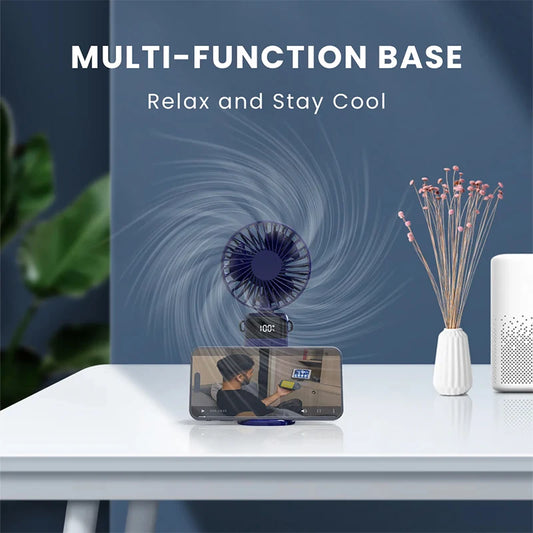 Handheld Mini Fan – Foldable 1500mAh USB Rechargeable Neck & Table Fan with 5 Speeds, Phone Stand & Display Screen