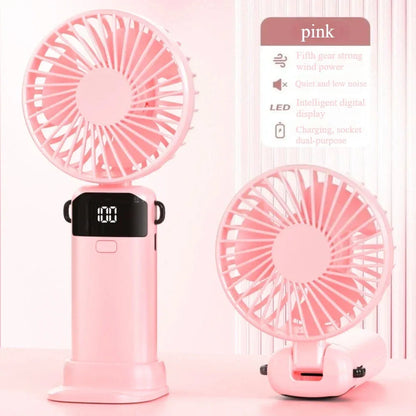 Handheld Mini Fan – Foldable 1500mAh USB Rechargeable Neck & Table Fan with 5 Speeds, Phone Stand & Display Screen